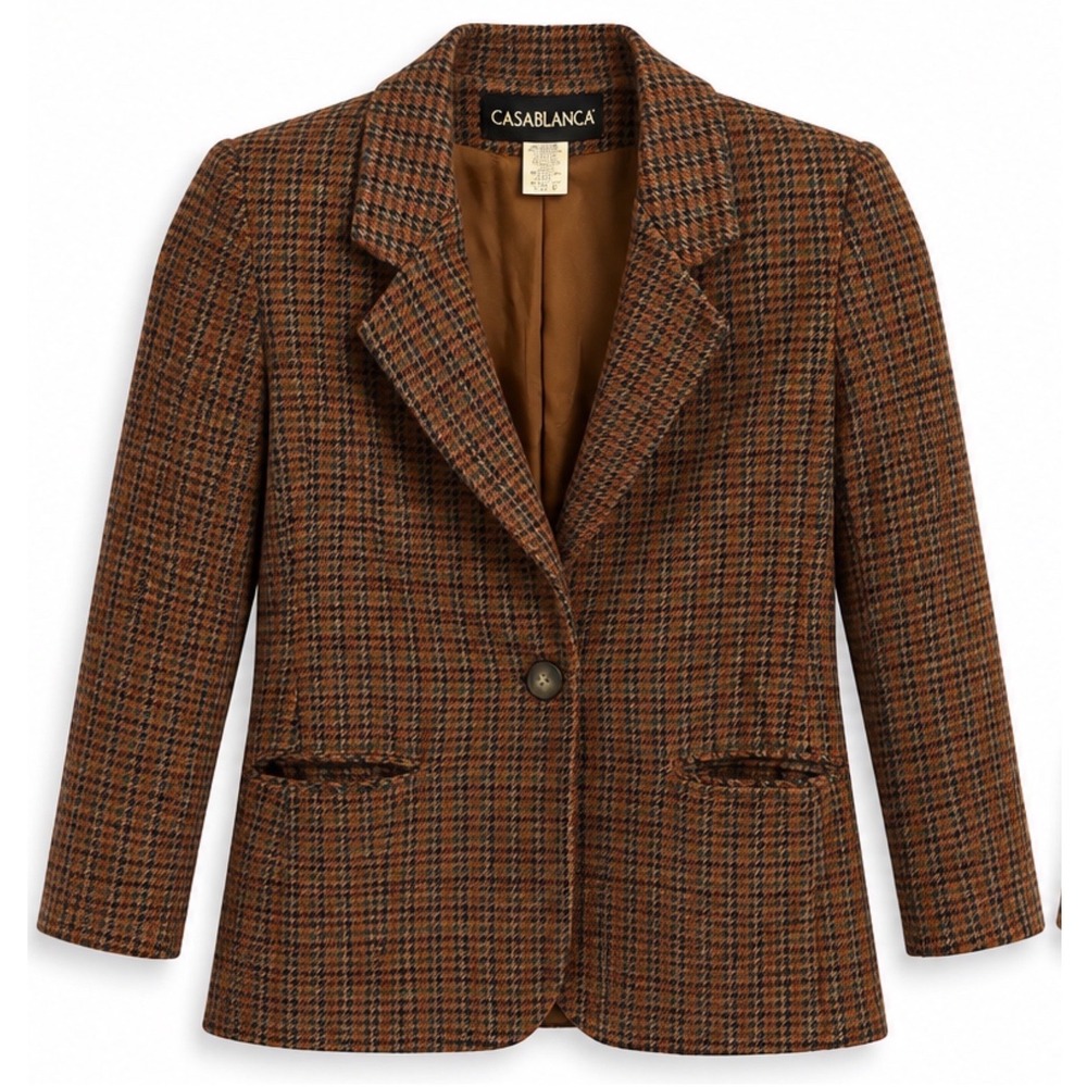 Casablanca Brown Houndstooth Wool Blend Blazer Jacket Vintage USA Made Size 8